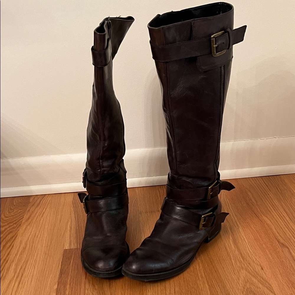 Women's Brownish/Black Leather Knee-High Boots